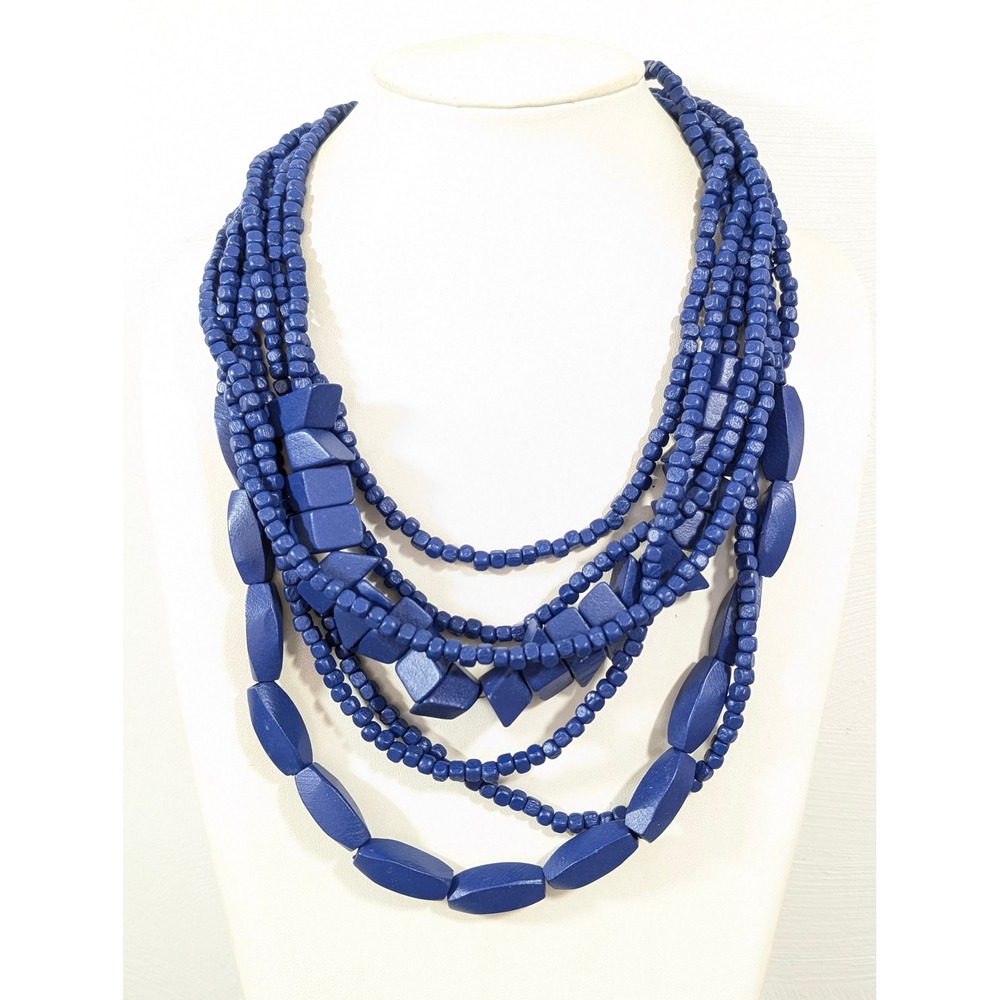 Blue Wood Multi Strand Statement Necklace 21" Chunky
